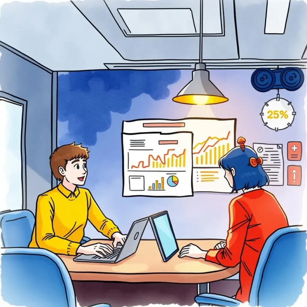 Two professionals discussing data analytics tools in an office setting.