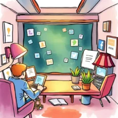 A person analyzes social media strategies using a laptop in a cozy office setting filled with tools.