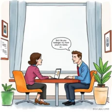 Two professionals discuss grievances at a table with a laptop.
