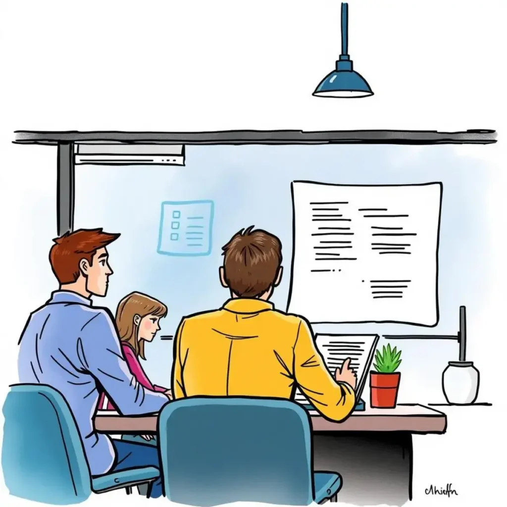 Complaint frequency monitor: Track and report repeated employee grievances 1 A group discusses grievance handling while reviewing documents in a workplace setting.
