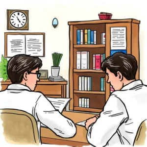 Complaint resolution summarizer: Condense complaint responses into summaries 4 Two professionals discussing complaint summaries in an office setting.