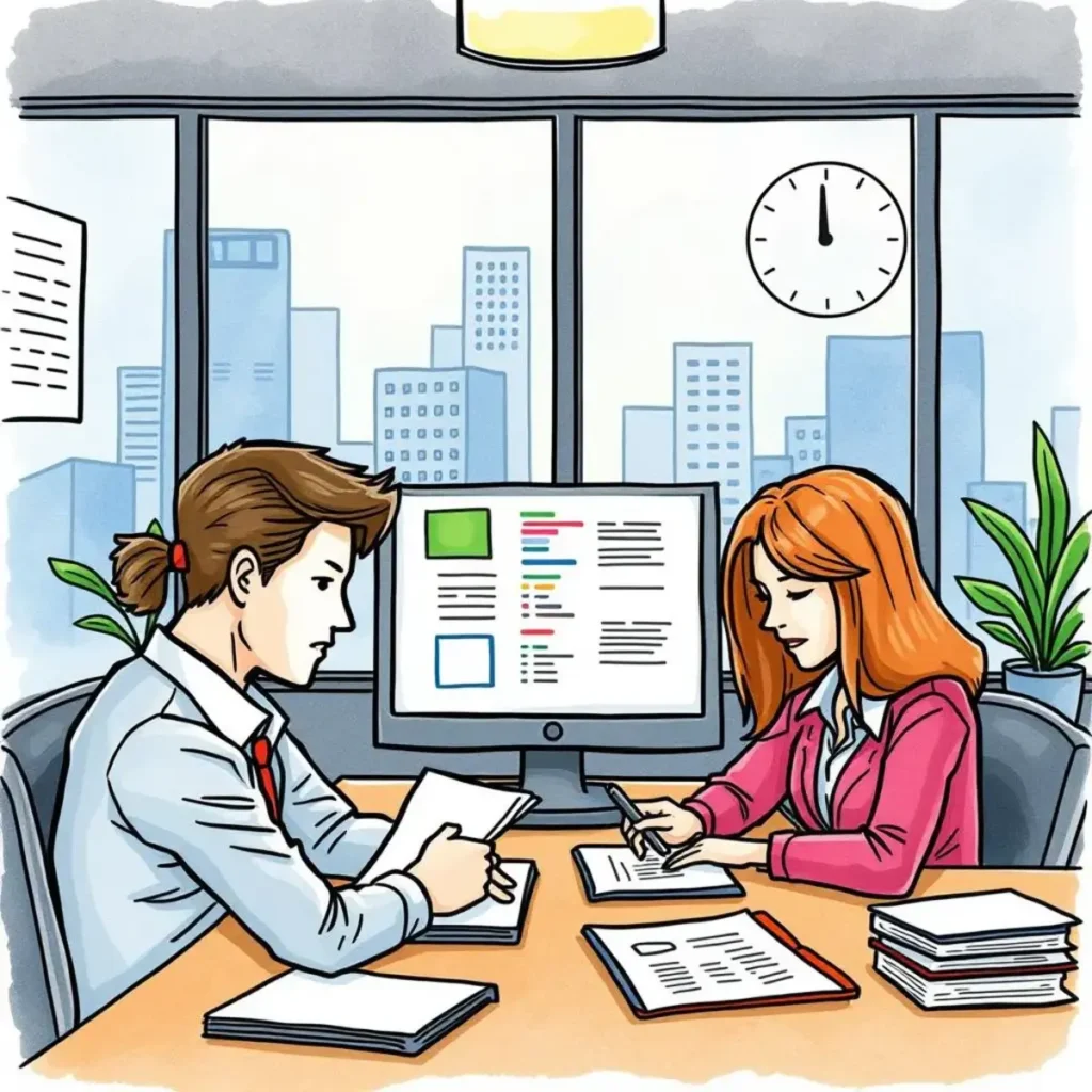 Discrepancy detector: Identify and outline discrepancies in payroll systems 1 Two professionals discussing payroll discrepancies in an office setting.