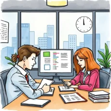 Two professionals discussing payroll discrepancies in an office setting.