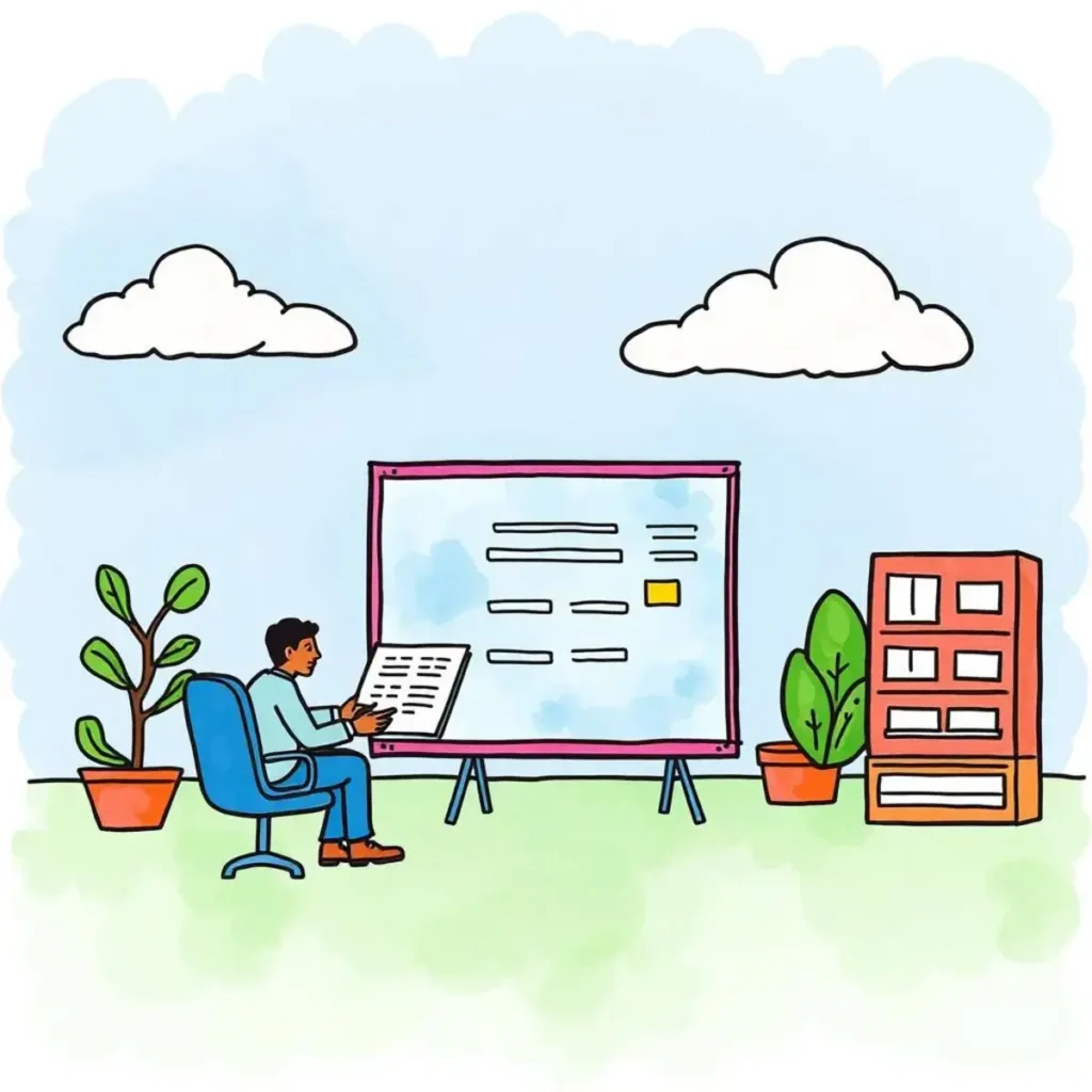 A person sits at a desk reviewing a document in front of a whiteboard in a bright office space.