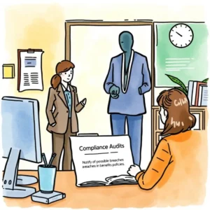 Policy breach notifier: Notify of possible breaches in benefits policies 1 A professional setting featuring HR team members discussing compliance audits for benefits policies.