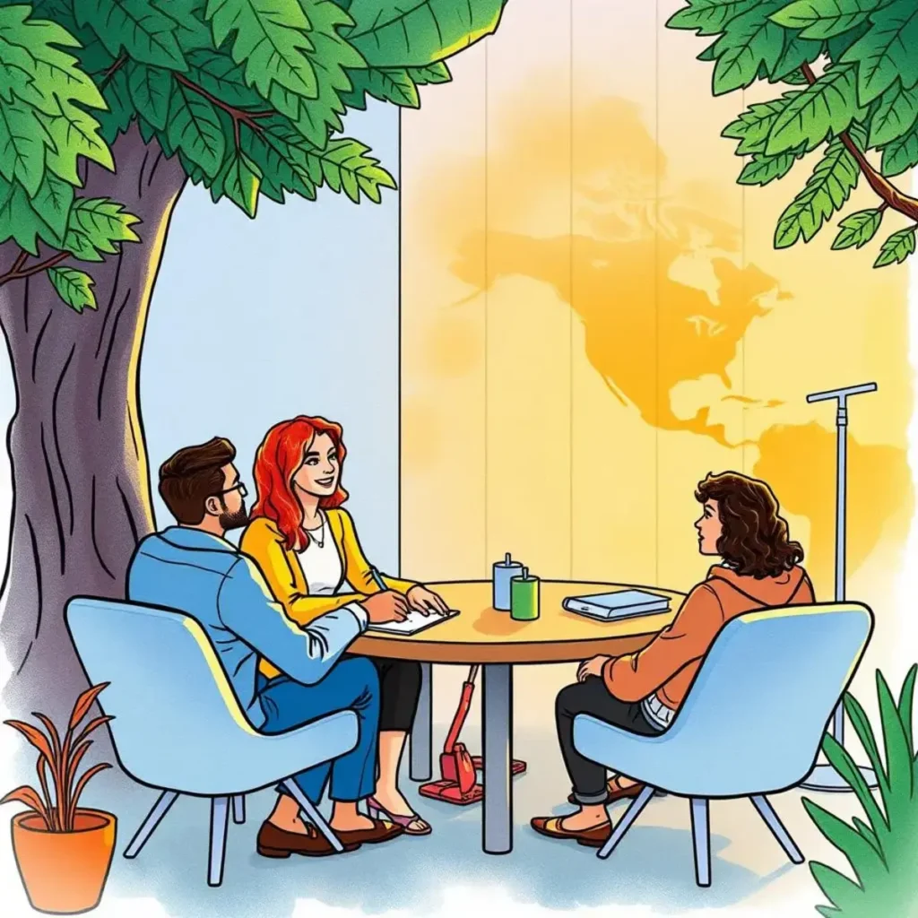 Diversity metrics report generator: Generate reports on hiring diversity metrics 1 Three professionals discuss diversity metrics around a table in an office setting.