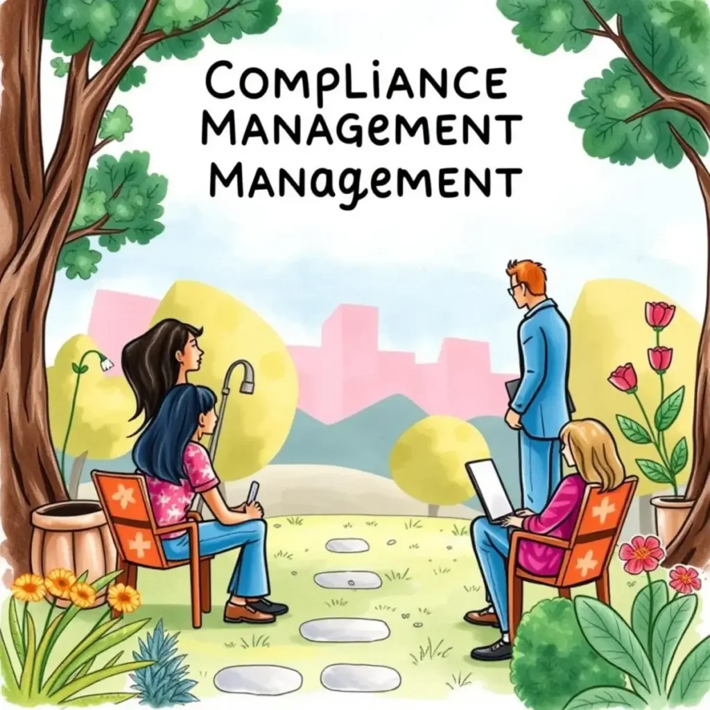 Equal opportunity statement builder: Craft personalized equal opportunity statements 1 Illustration of diverse professionals discussing compliance management in a park setting.