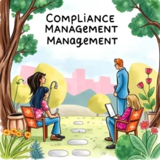 Illustration of diverse professionals discussing compliance management in a park setting.