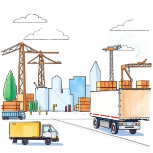 Logistics operations with trucks and cranes in an urban environment for efficiency metrics compilation