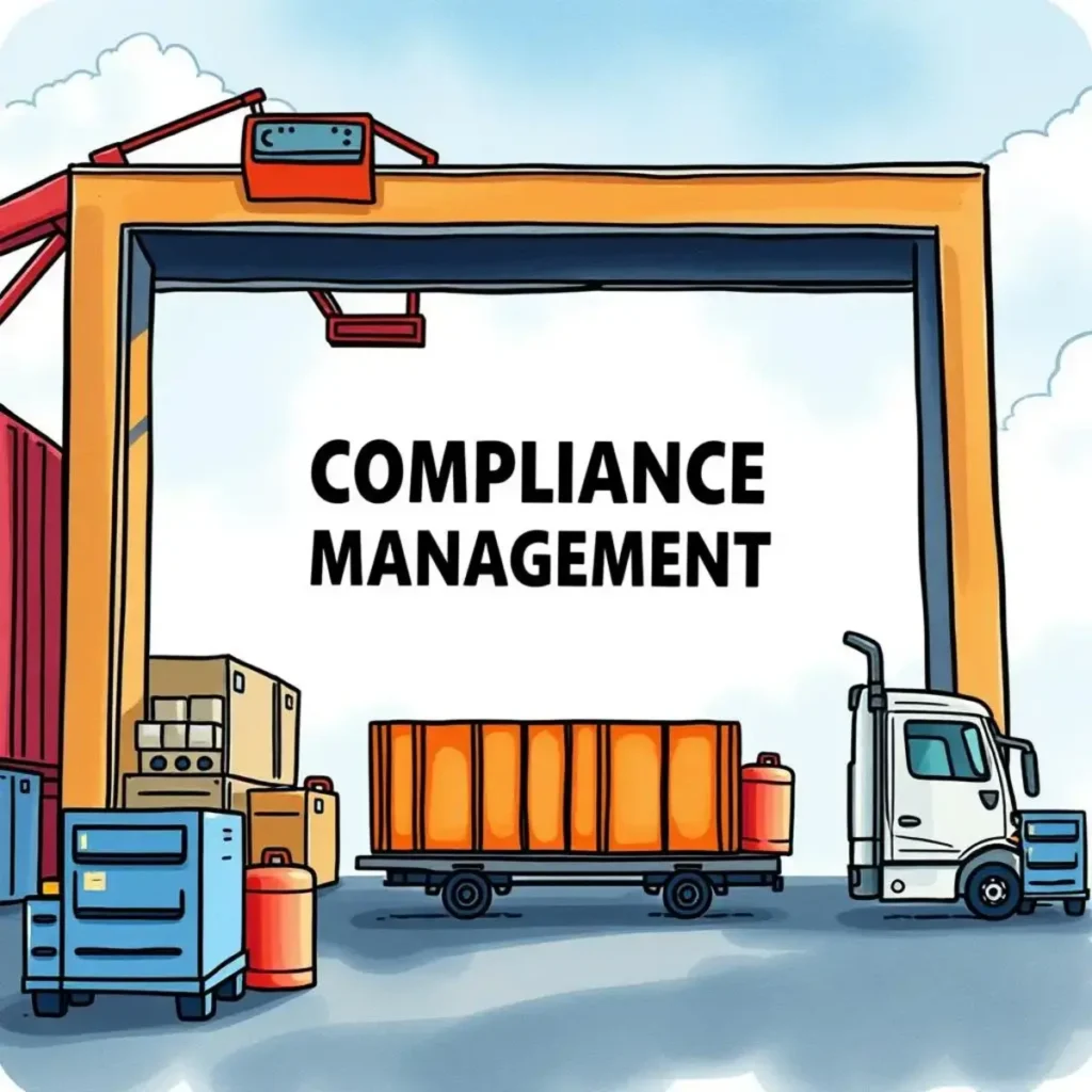 Operational performance insights creator: Summarize operational efficiency measures 1 Compliance management illustration depicting a truck and shipping containers in an operational setting