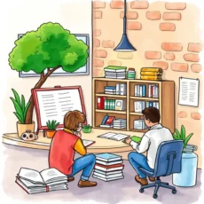 Individuals organizing training records in a modern office setting.