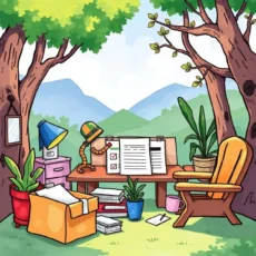 A serene workspace in nature with checklists, plants, and office supplies for inspections