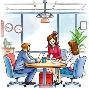 A group of professionals discussing conflict resolution strategies at a round table in an office setting.