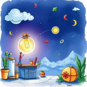 Person brainstorming innovative ideas under a light bulb in a colorful landscape.