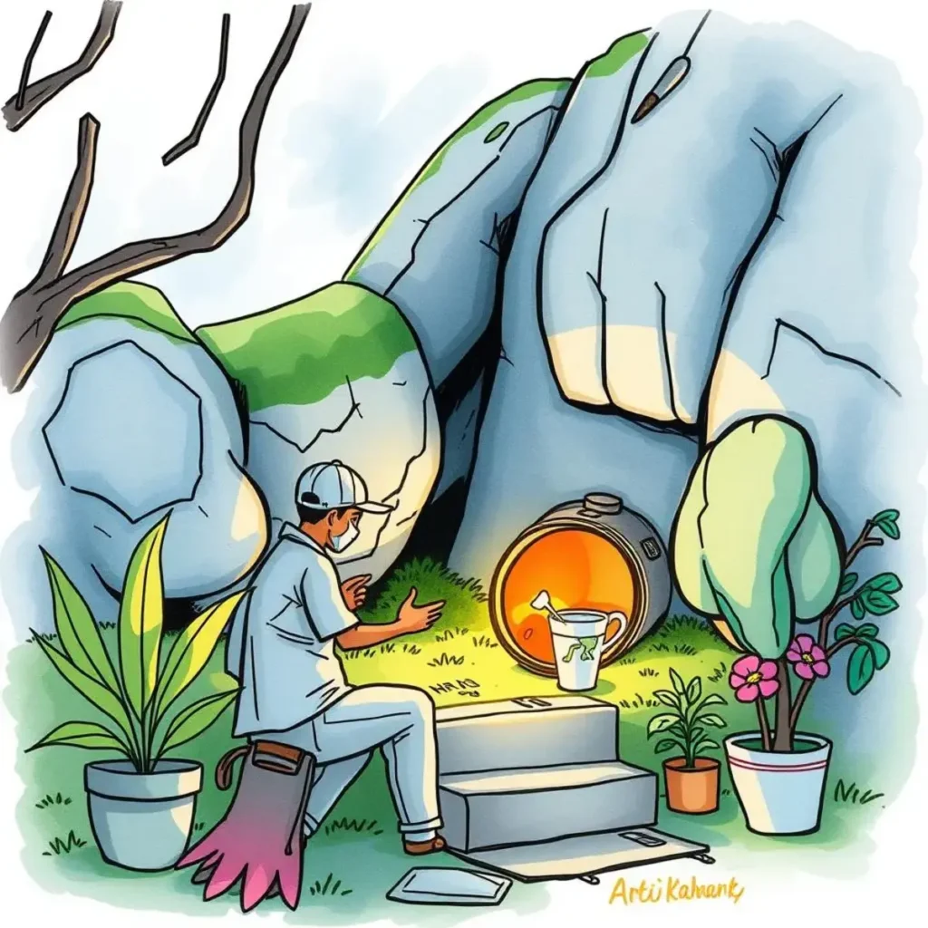 Concept refinement assistant: Enhance and clarify design ideas quickly 1 A designer brainstorming ideas near a glowing concept refinement tool.