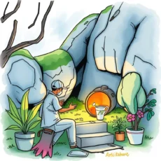 A designer brainstorming ideas near a glowing concept refinement tool.