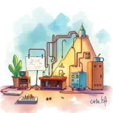 A vibrant workshop with circuit design tools and plans, ideal for brainstorming electrical concepts