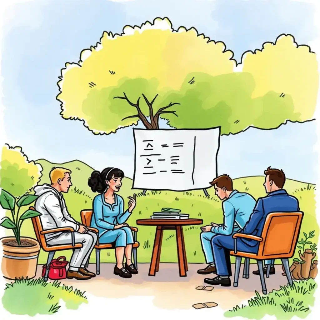 Concern monitoring interface: Consolidate stakeholder concerns for review 1 Team discussing stakeholder concerns outdoors, with documentation and greenery.
