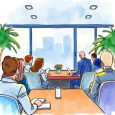 Team collaborating in a modern meeting room, focusing on agenda preparation.