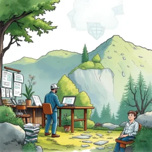 A research scientist and analyst utilize a Conclusion Predictor tool outdoors, surrounded by nature.