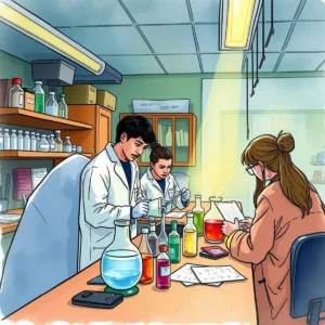 Scientists conducting experiments with colorful solutions in a lab setting.