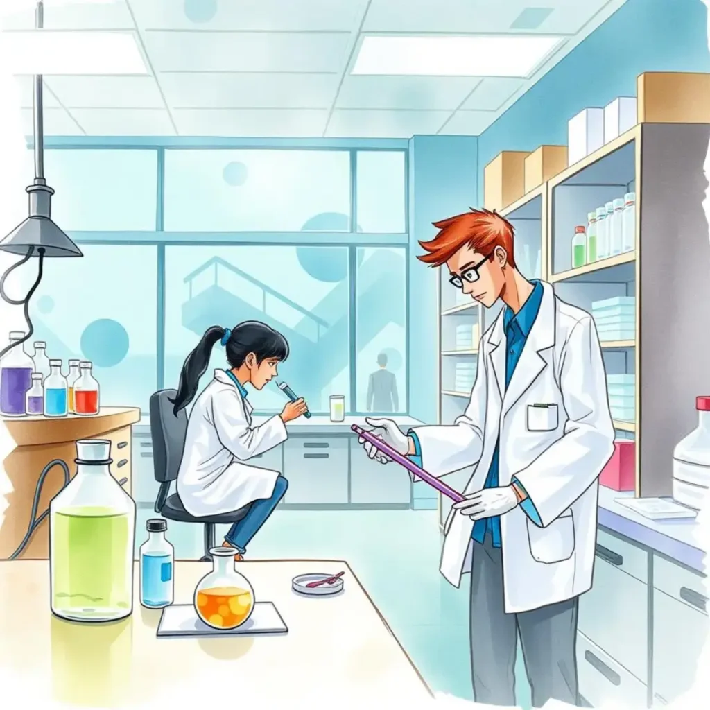 Experiment conclusion editor: Draft coherent conclusions based on data outputs 1 Scientists collaborating in a lab, analyzing experimental data outputs.