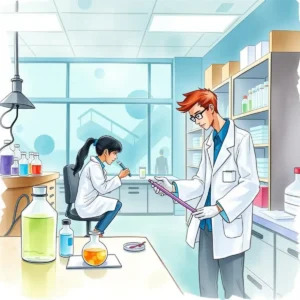 Scientists collaborating in a lab, analyzing experimental data outputs.