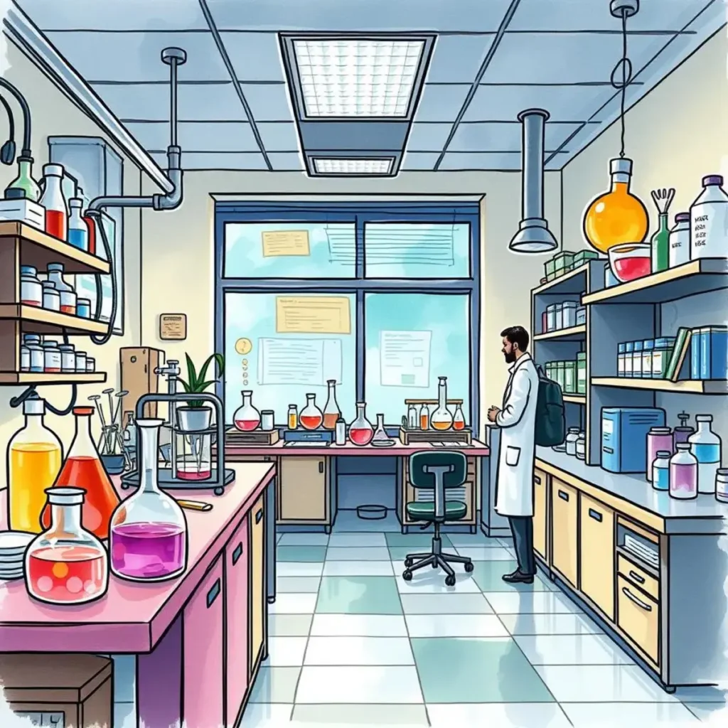 Experiment input formatter: Standardize your experiment input data flow 1 Scientist in a lab surrounded by colorful experiment materials and equipment.