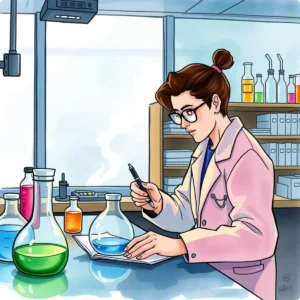 Key concept mapper: Map key concepts from literature for clarity 1 Research scientist analyzing experiments with colorful solutions in a laboratory.