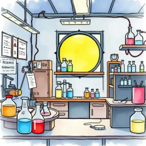 Laboratory setting with colorful chemical bottles and equipment.