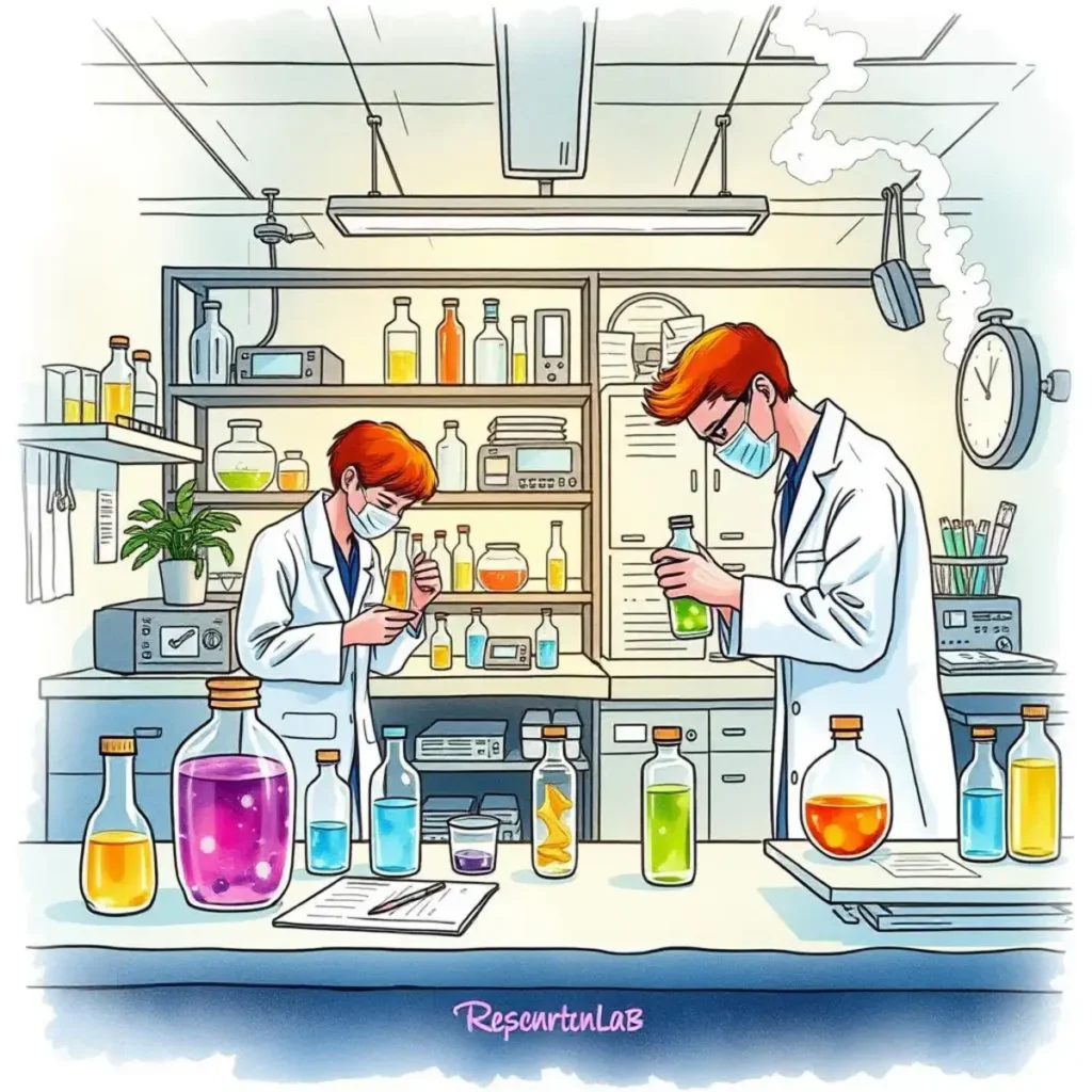 Outcome communication tool: Convey research outcomes in an engaging format 1 Scientists conducting experiments in a vibrant laboratory setting.