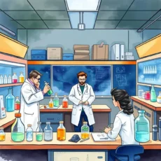 Lab scientists collaborate on experiments surrounded by colorful chemical solutions and research notes.