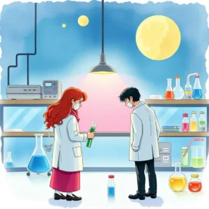 A scientist analyzes sample size data in a lab setting with various chemical solutions and equipment.
