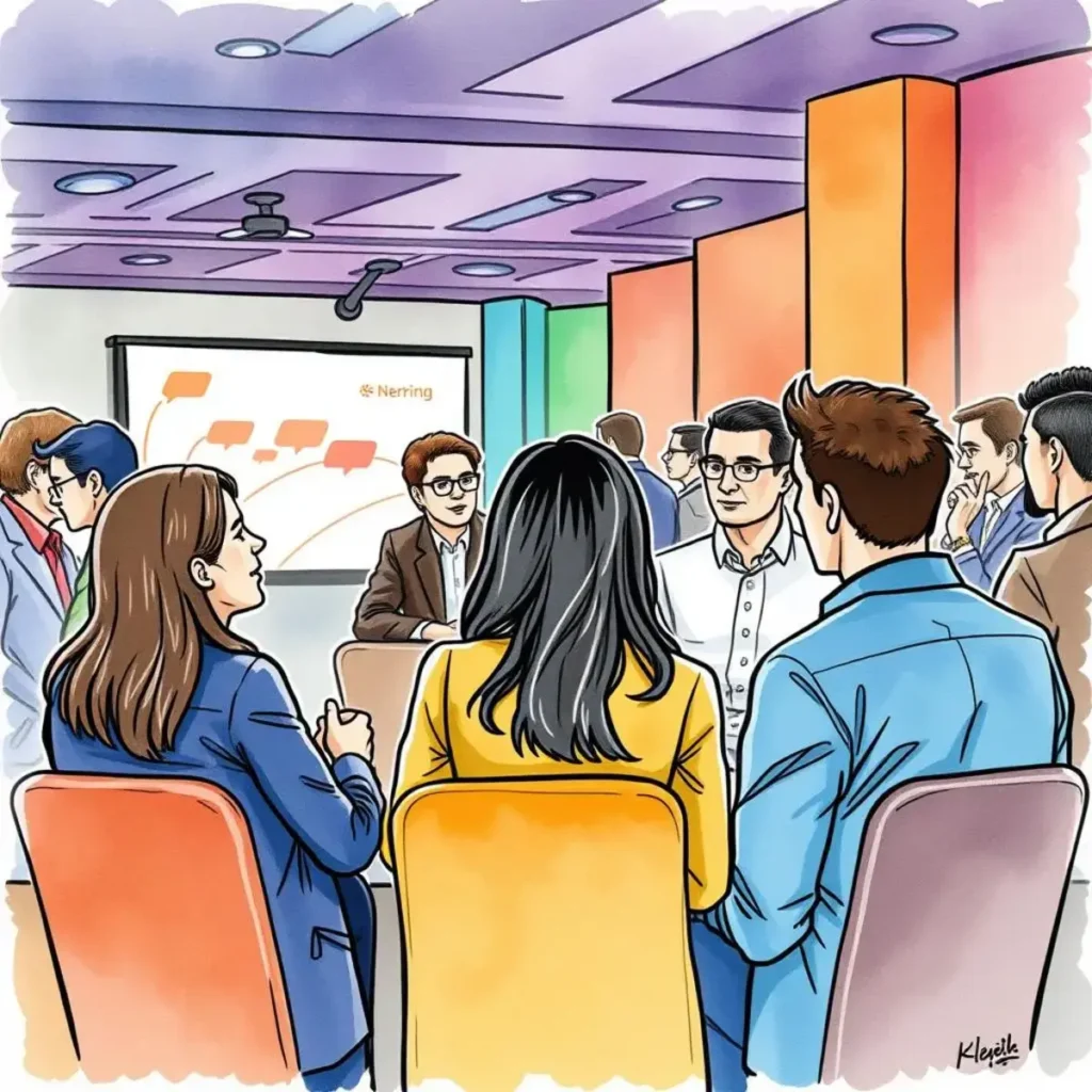 Conference insights extractor: Summarize insights from discussions and panels 1 Business professionals engaged in a discussion at a conference.