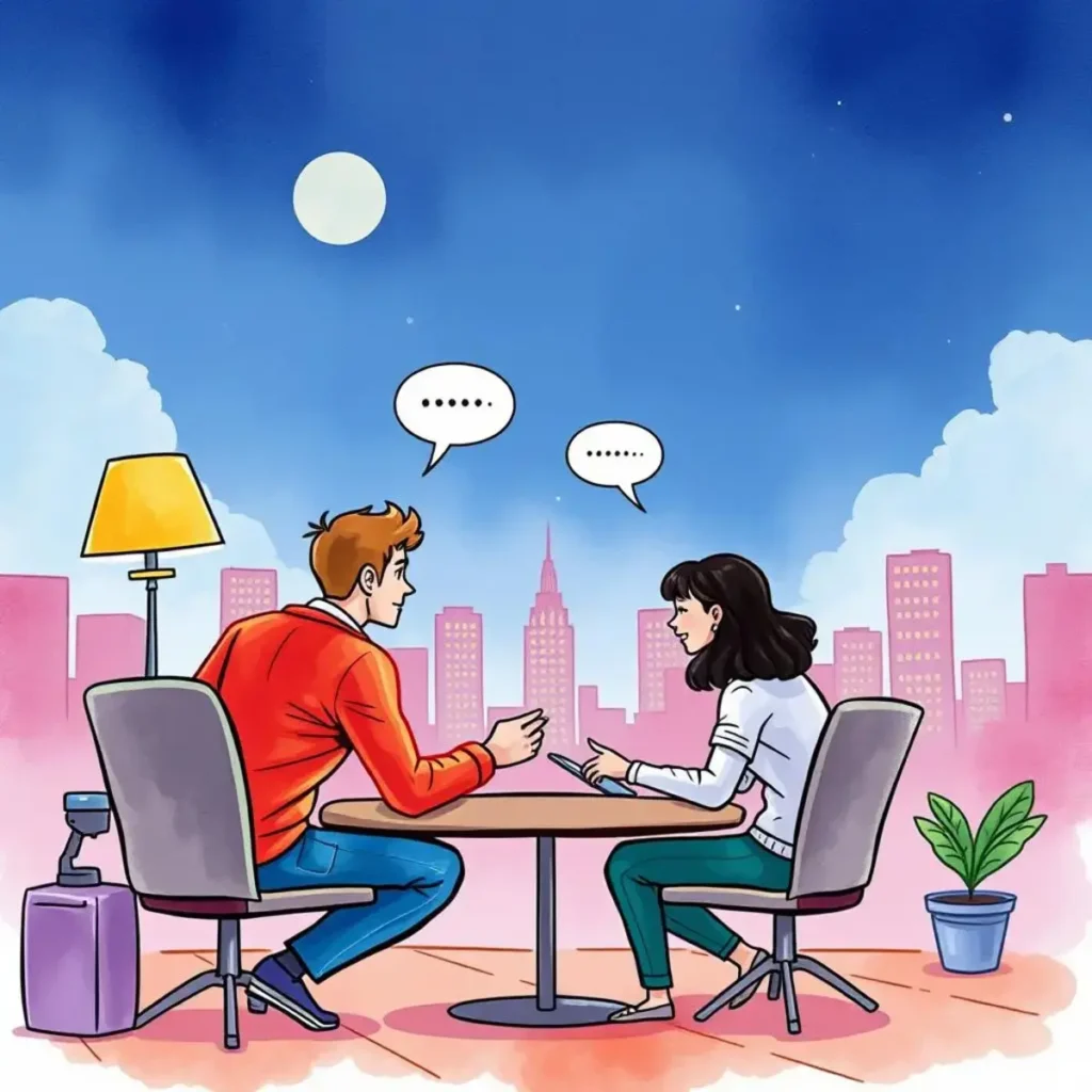 Conflict resolution communicator: Develop messages for conflict resolution 1 Two professionals discussing conflict resolution in a cityscape setting.