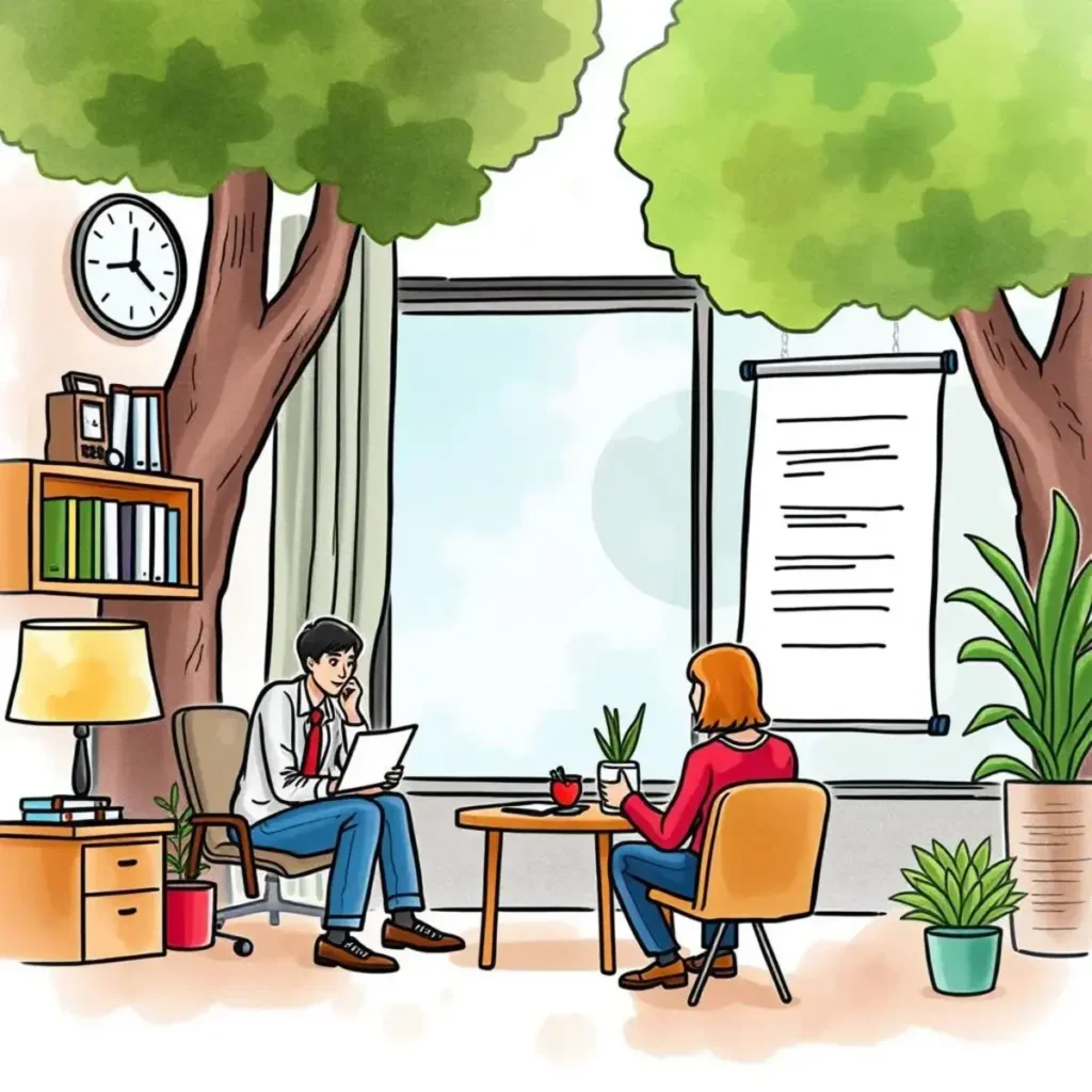 Conflict resolution text writer: Generate text for conflict resolution cases 1 Two professionals discussing conflict resolution strategies in a cozy office setting.