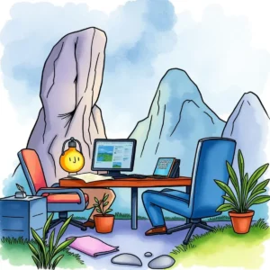 Connection instructions builder: Develop technical connection guidelines 9 A cozy remote workspace amid mountains, ideal for support specialists.