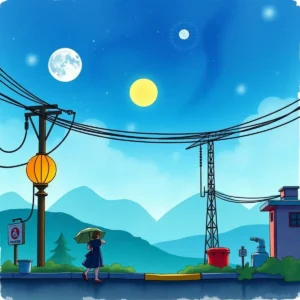 Constraint identifier: Identify and list project constraints clearly 1 A person walking under power lines in a serene landscape.