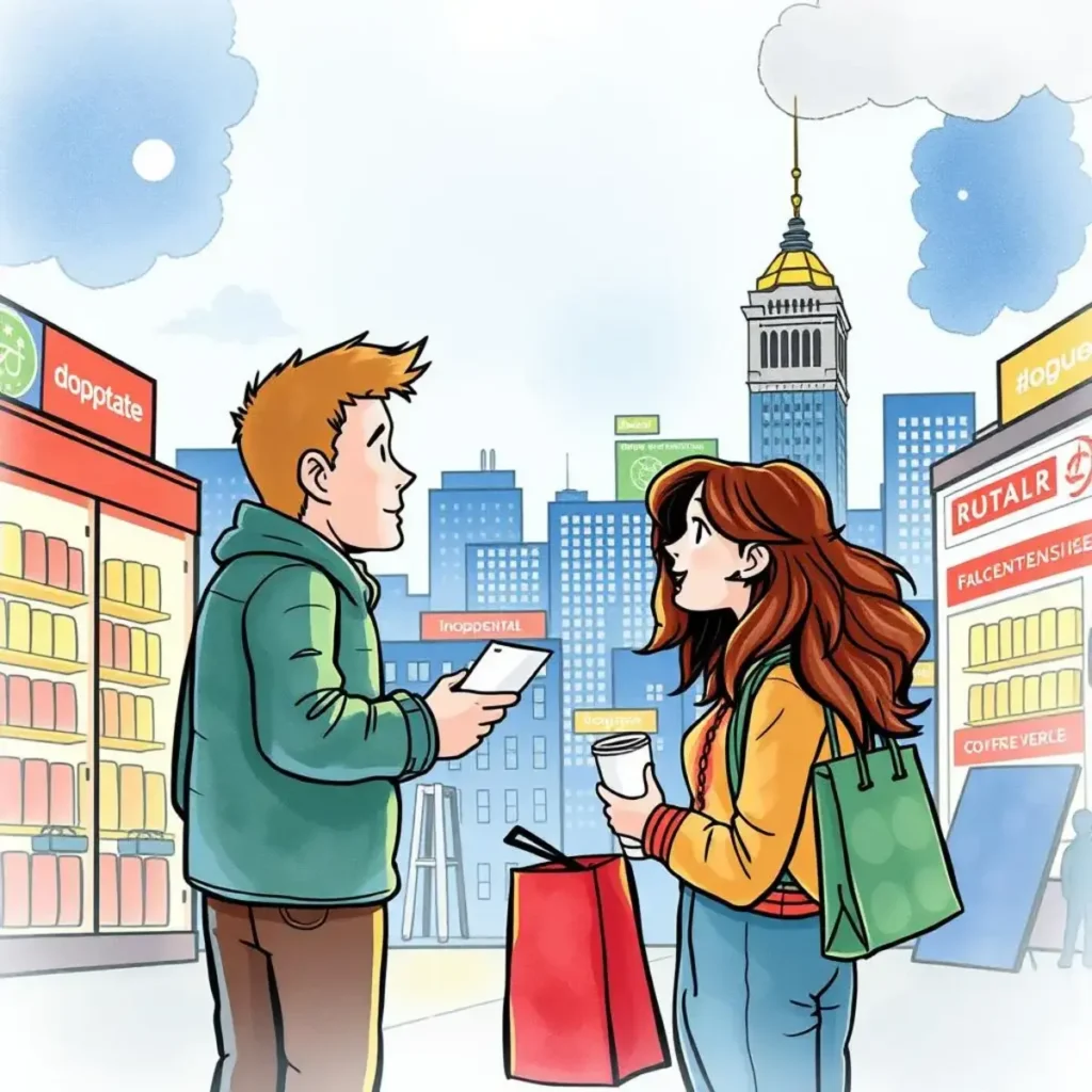 Consumer behavior interpreter: Analyze text data to understand buying motivations 1 Two young adults discussing shopping choices in a vibrant city setting.