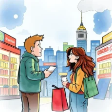 Two young adults discussing shopping choices in a vibrant city setting.
