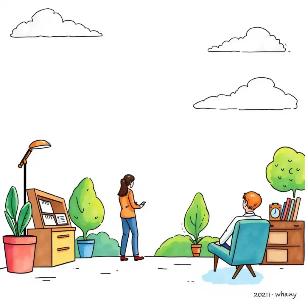 Contact contextualizer: Generate context-rich summaries of lead contacts 1 Illustration of two professionals discussing in a modern outdoor office.