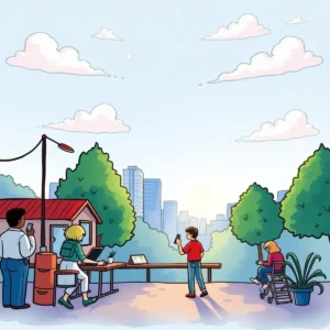 A group of people collaboratively managing social media tasks outdoors in a vibrant urban setting