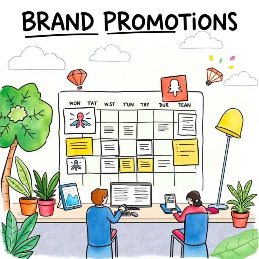 Content calendar organizer: Organize marketing content into a structured calendar 1 Marketing team collaborating with a content calendar for brand promotions.