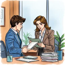 Two professionals discussing documents in an office setting.