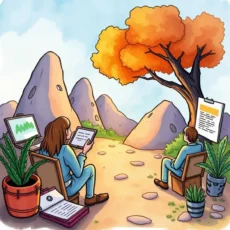 a scenic illustration of two professionals strategizing content formats in a tranquil outdoor setting
