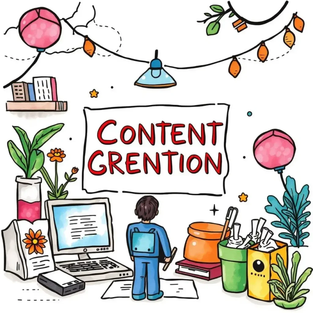 Content idea brainstormer: Create unique topic suggestions effortlessly 1 An illustrated workspace featuring tools for creative content generation.