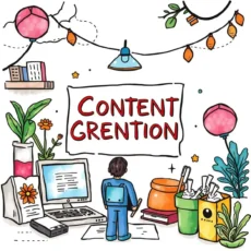 An illustrated workspace featuring tools for creative content generation.