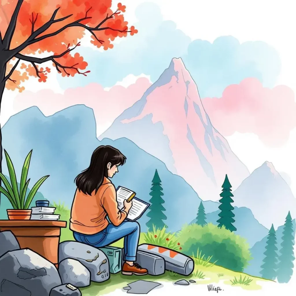 A person writes notes outdoors, surrounded by nature, showcasing a creative environment for content optimization.