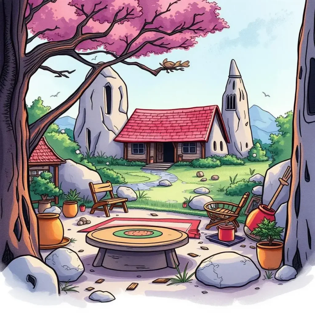 Content type recommender: Suggest optimal formats for your content 1 A serene outdoor setting featuring a quaint cottage surrounded by greenery and decorative rocks.