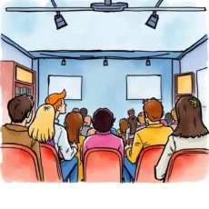 Audience engaged in marketing presentation about demographic analysis tool.